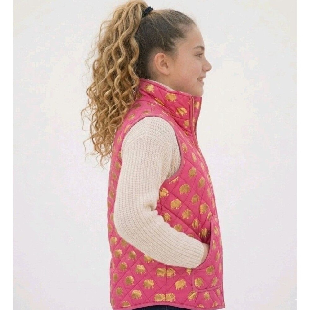 Simply Southern Girls Youth Large YL Puffer Vest Pink Gold Foil Elephant Coat L